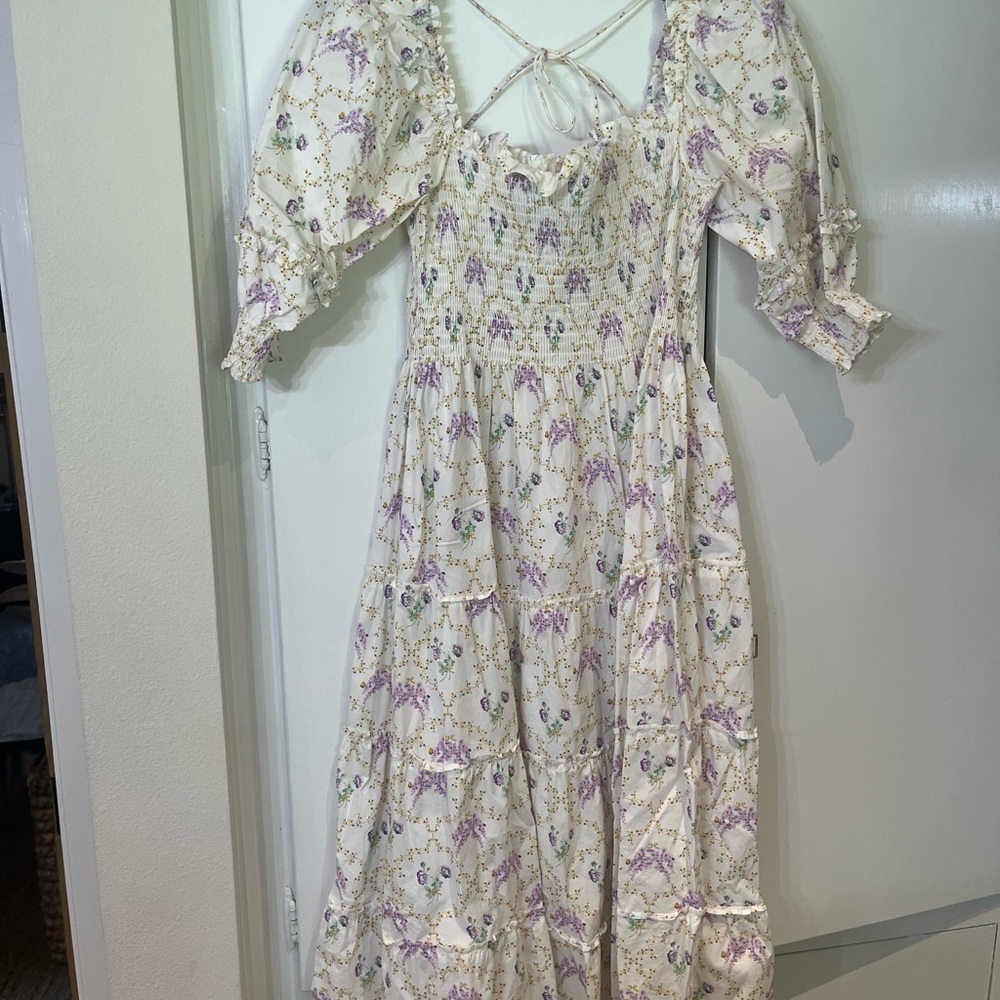 Hill House Cream and Purple Floral Long Sleeve Dress